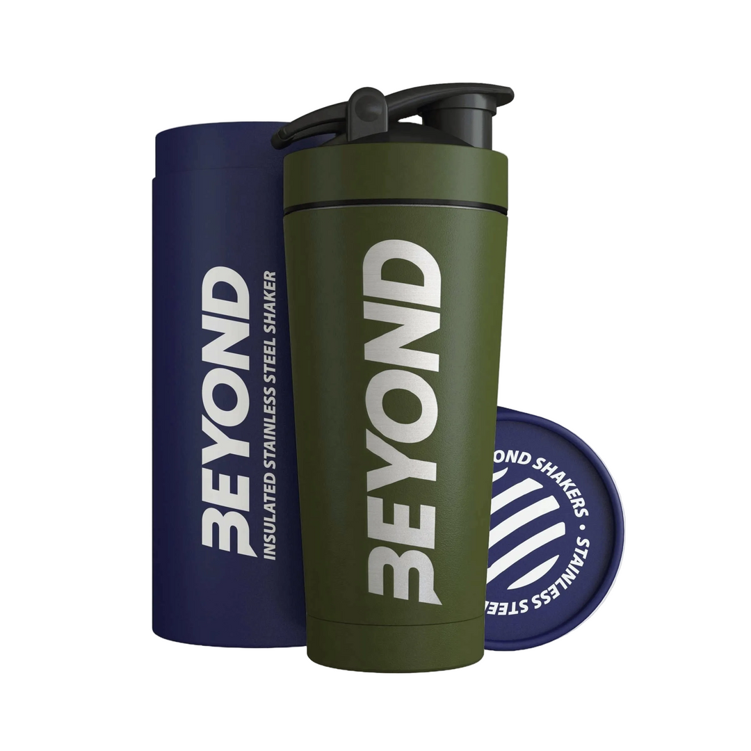 Beyond Forest Green insulated stainless steel protein shaker with gift tube