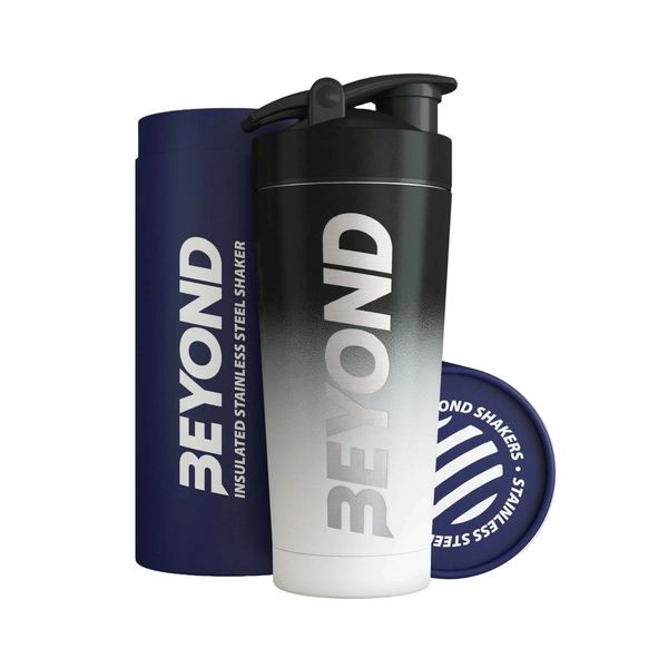 Beyond Black & White insulated stainless steel protein shaker with gift tube
