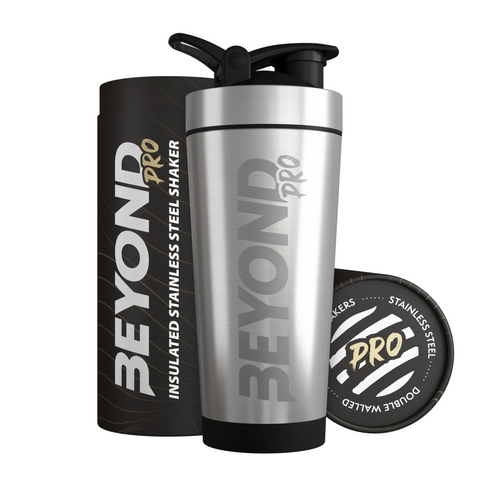 Beyond Pro Series Brushed Steel protein shaker with gift tube