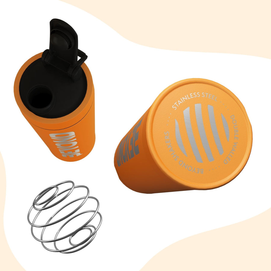 Orange Protein Shaker with Packaging, Orange Protein Shaker Packaging, Orange Protein Shaker, Orange protein shaker with packing, Orange protein shaker bottle brand packaging, Orange Insulated protein shaker, Orange Stainless Steel Protein Shakers, Protein Shaker