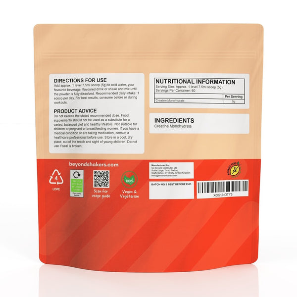 Back of the Beyond creatine monohydrate pouch: directions, nutritional information and ingredients