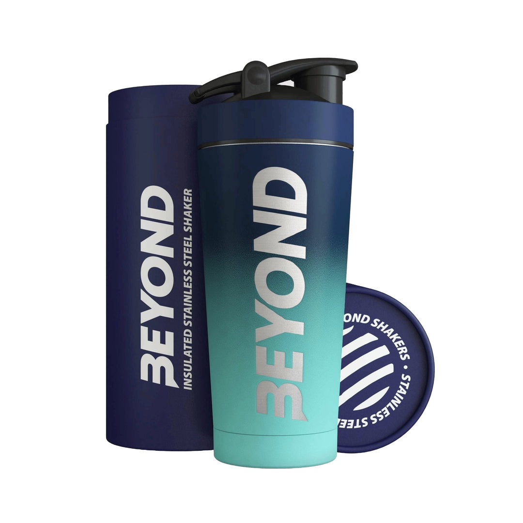 Beyond Light & Dark Blue insulated stainless steel protein shaker with gift tube