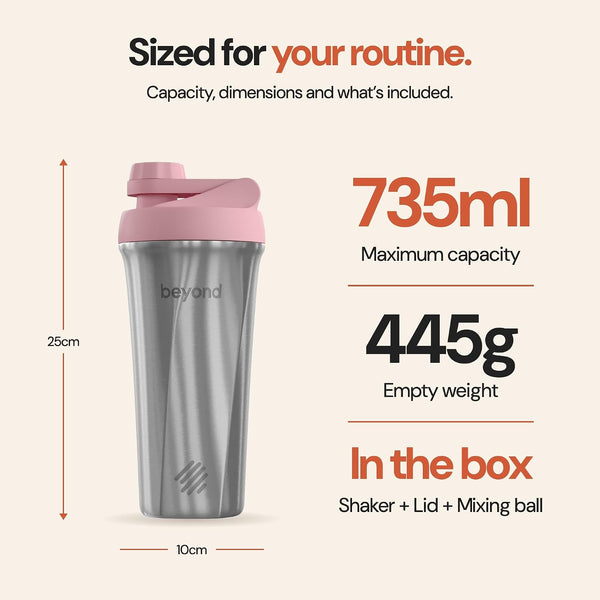 Beyond Brushed Steel & Pink Twist shaker – sized for your routine