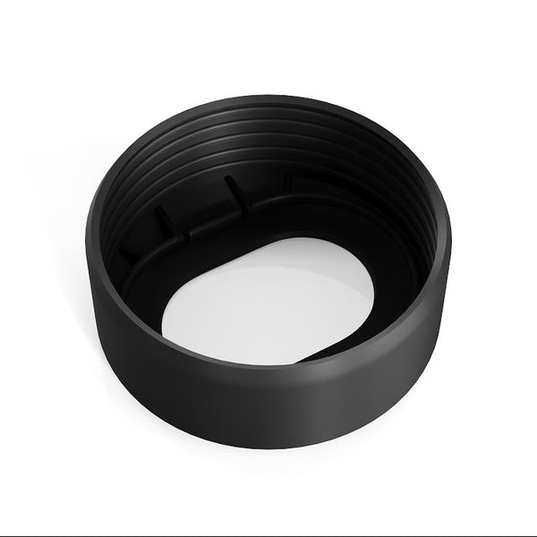 A black plastic lens protector cap with a threaded outer rim and a central oval cutout, shown on a clean white background.