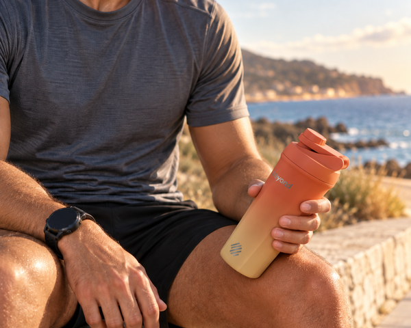 A man in a gray athletic t-shirt and black shorts sits outdoors by the sea holding a gradient shaker bottle that fades from terracotta orange to pale yellow. The bottle has the brand name 'Pursue' printed on it.