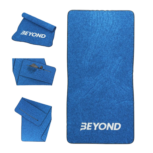 Beyond Blue microfibre gym towel shown folded and laid flat