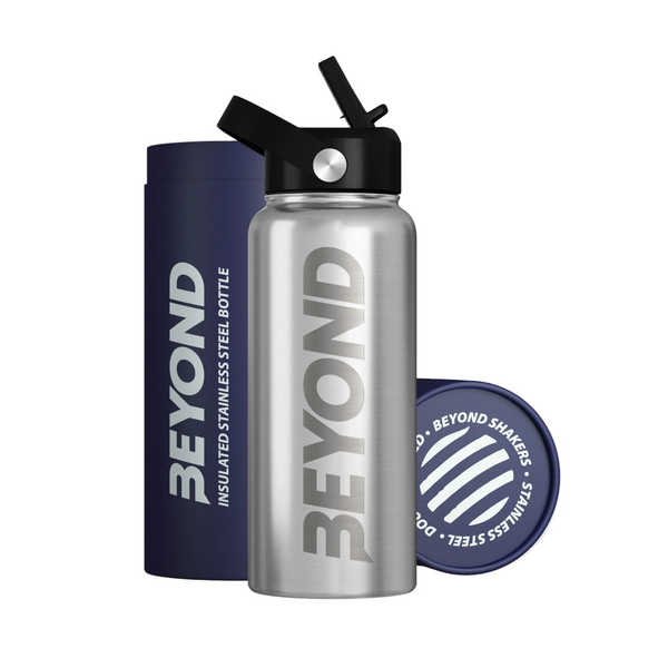 Beyond Brushed Steel insulated stainless steel water bottle with gift tube