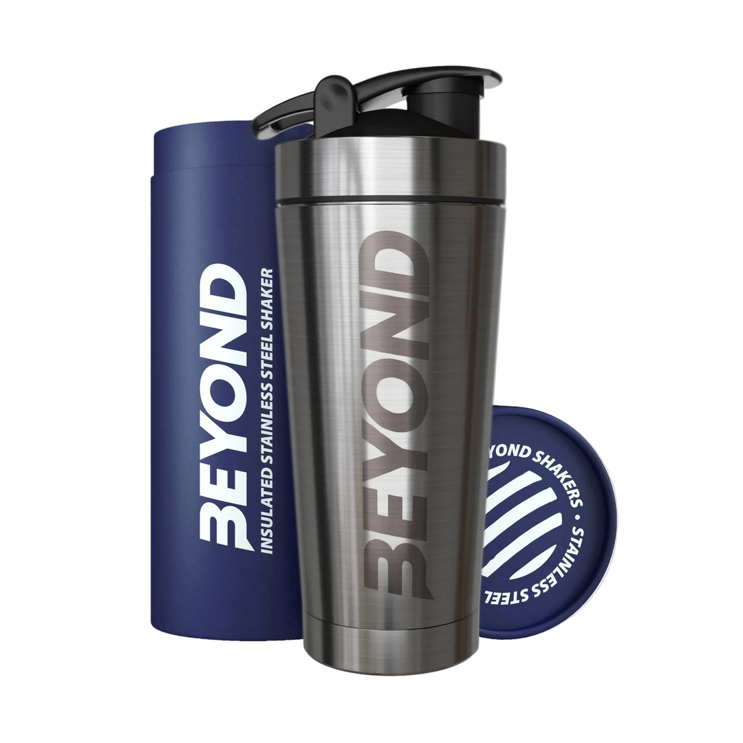 Beyond Brushed Steel insulated stainless steel protein shaker with gift tube