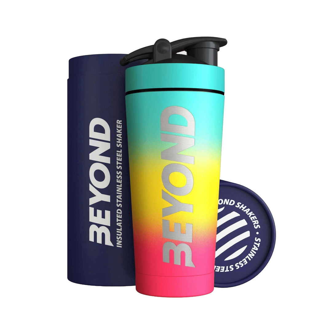 Beyond Beach insulated stainless steel protein shaker with gift tube