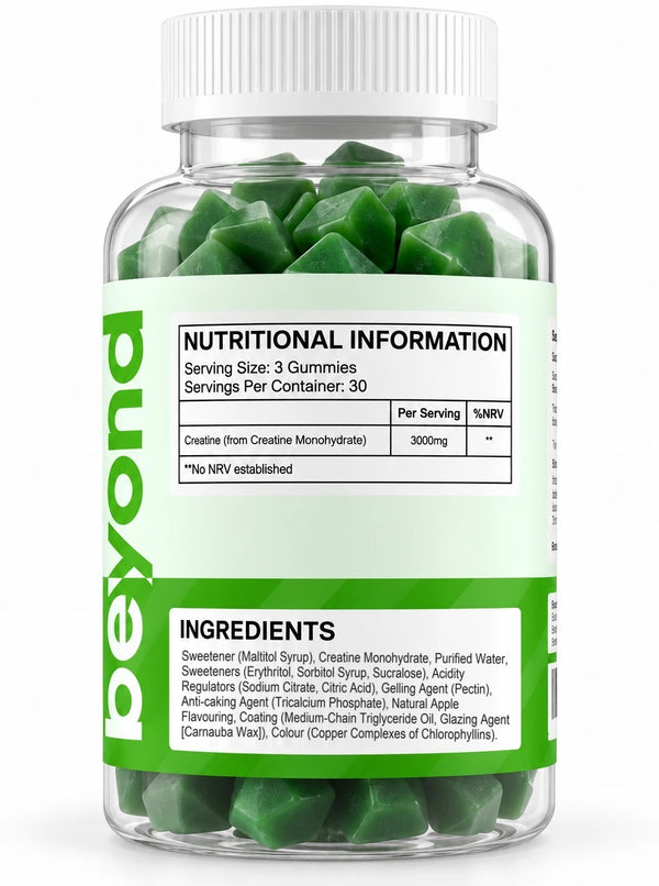 Beyond Creatine Gummies back of jar: nutritional information and ingredients