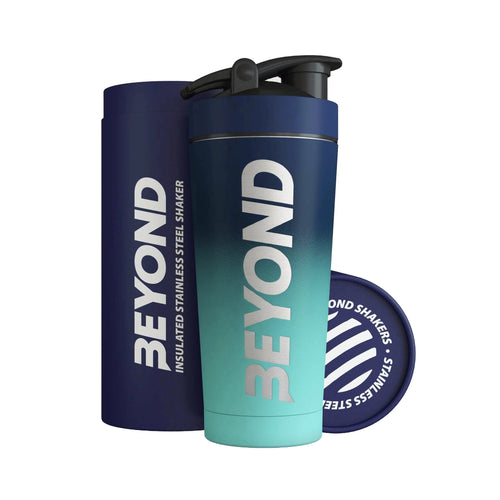 Beyond Light & Dark Blue insulated stainless steel protein shaker with gift tube