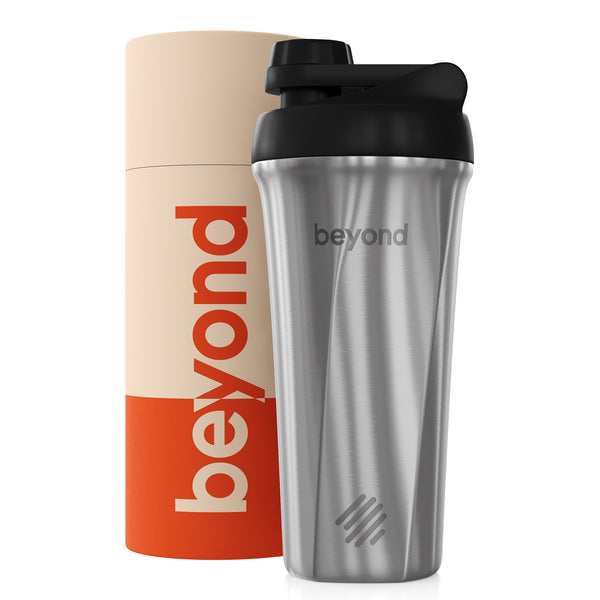 Beyond Brushed Steel & Black Twist protein shaker with packaging