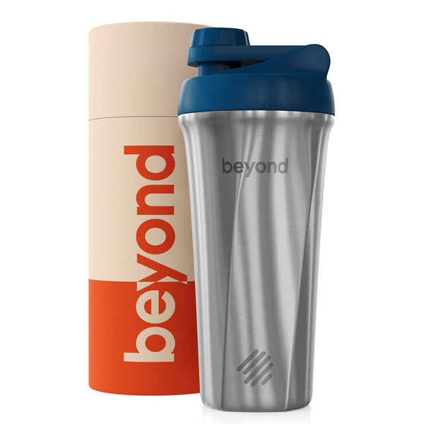 Beyond Brushed Steel & Blue Twist protein shaker with packaging