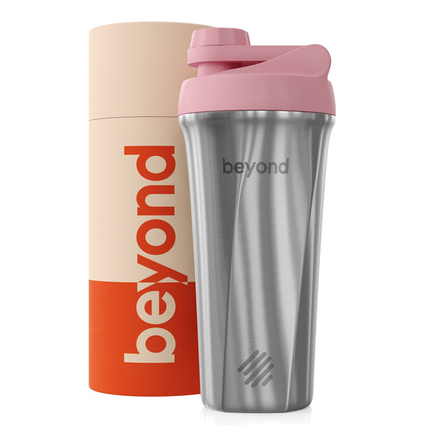 Beyond Brushed Steel & Pink Twist protein shaker with packaging